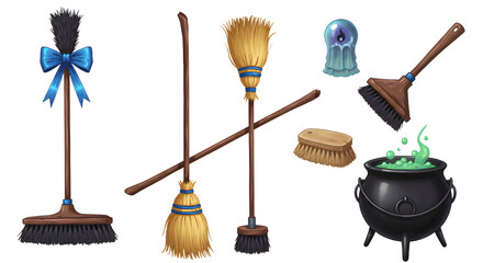 A whimsical collection of cleaning tools, including brooms and a cauldron, set against a magical backdrop