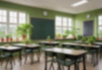 blurry classroom image. green nature themed classroom with lots of small plants in the corners of the room, cool, fresh.