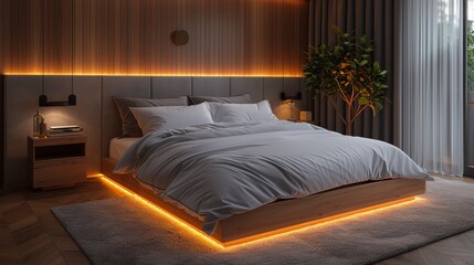 Modern bedroom soft grey bedding, wood platform bed, warm orange LED lighting
