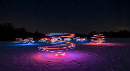 Nighttime Light Show: Colorful Spiral Trees on Snowy Landscape