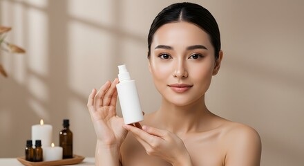 Beautiful Asian Woman Holding Skincare Product, Beauty and Wellness Concept