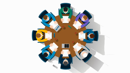 Business meeting scene showing people collaborating around a round table vector illustration