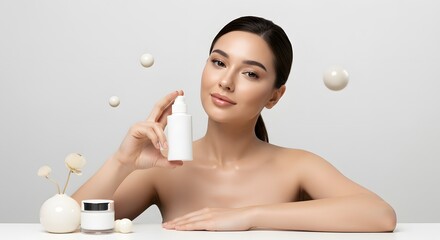 Beautiful Asian Woman Holding Skincare Product, Beauty and Wellness Concept