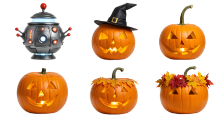 A whimsical Halloween scene featuring a robotic character alongside various carved pumpkins with cheerful expressions and autumn decorations