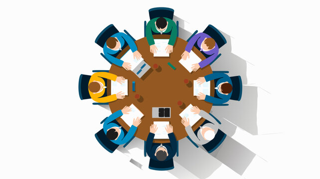 Business meeting scene showing people collaborating around a round table vector illustration