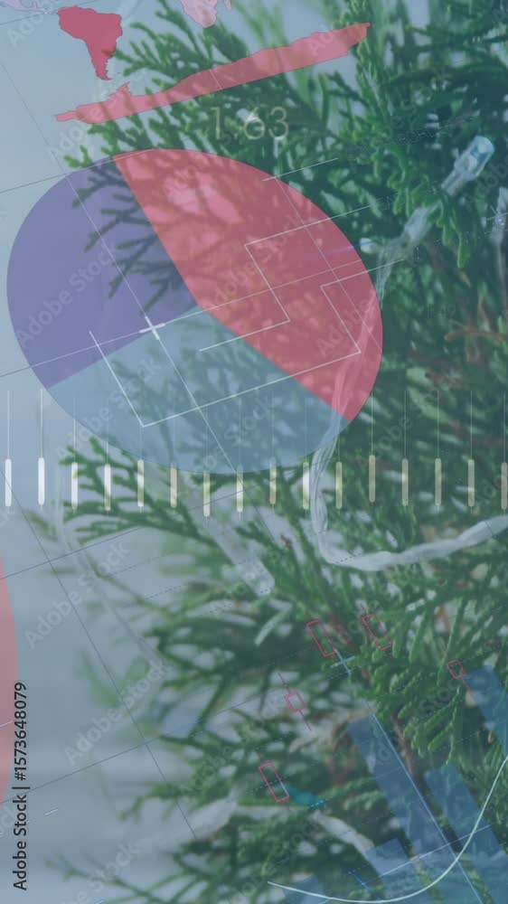 Poster animation of financial data processing and flag over christmas tree