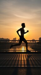 Fototapeta premium Silhouette of a Runner at Sunrise on a City Bridge: A Stunning Display of Determination and Urban Fitness
