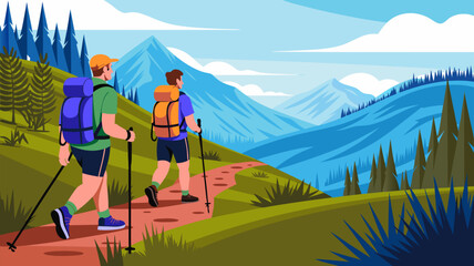 Outdoor adventurers hiking together towards mountainous landscape scenery route view