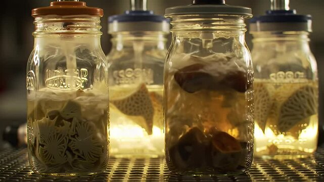 Four glass jars with various contents, sealed and on a metallic grate surface