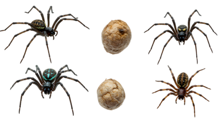 Close-up of four realistic spiders surrounding two textured stones, set against a plain background, ideal for educational use