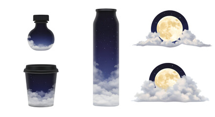 Collection of beverage containers featuring a night sky design with clouds and a full moon, ideal for outdoor events