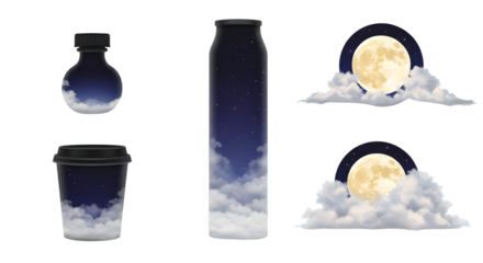Collection of beverage containers featuring a night sky design with clouds and a full moon, ideal for outdoor events