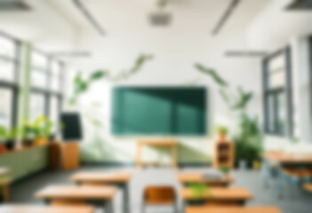 blurry classroom image. green nature themed classroom with lots of small plants in the corners of the room, cool, fresh.