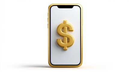 A gold dollar sign floats centrally on a white smartphone screen, set against a white background, casting a subtle shadow.  The phone has a thin gold frame