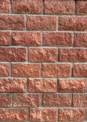 close-up brick wall featuring distinct red bricks with varying textures, highlighting craftsmanship and design commonly found in urban architecture.