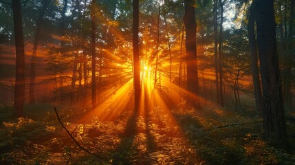 Fototapeta premium Golden sunburst shines through a dense forest of tall trees, illuminating the ground