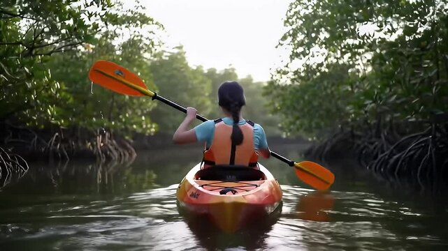 Kayaker, seen from behind, paddles down a tree-lined narrow waterway on the water