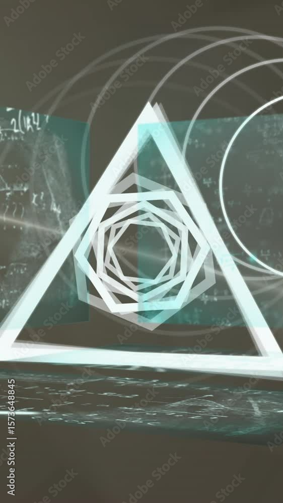 Poster animation of abstract geometrical shape spinning over screens with mathematical equations
