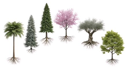 Set of six different tree types with visible roots on transparent background, including pine, cherry blossom, olive, and palm trees