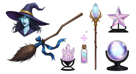 Enchanting witch with mystical artifacts including a broom, crystals, and a magical staff, set against a vibrant fantasy backdrop