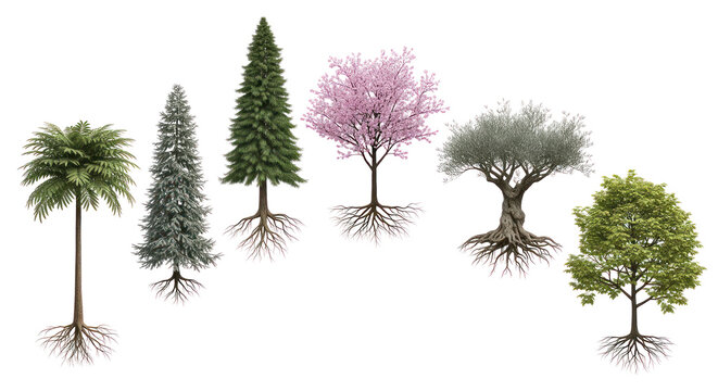 Set of six different tree types with visible roots on transparent background, including pine, cherry blossom, olive, and palm trees