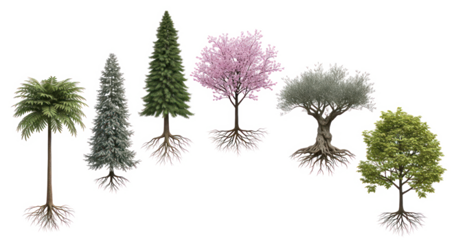 Set of six different tree types with visible roots on transparent background, including pine, cherry blossom, olive, and palm trees