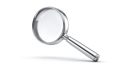 A metallic magnifying glass with a circular lens and a slender handle is angled slightly, casting a subtle shadow on a white background.  Its polished surface reflects light