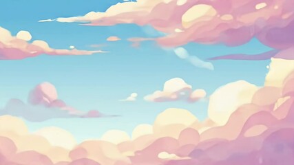 Digital pastel sky with fluffy clouds and some little floating orbs, dreamy and peaceful - Powered by Adobe