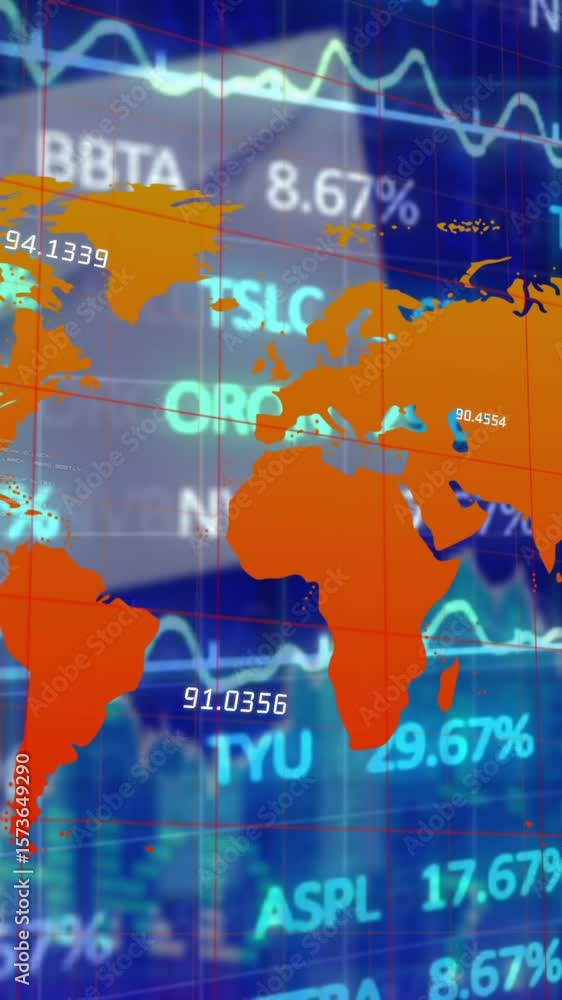 Aufkleber animation of financial data processing and world map over blue background
