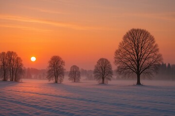 Peaceful snow-covered field at sunrise, with a glowing orange sky and silhouette of leafless trees