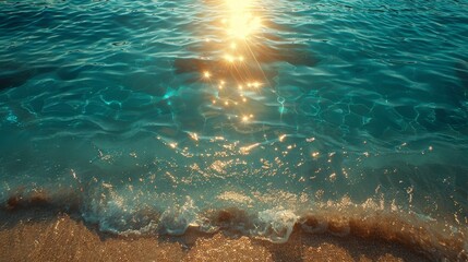Sun glints on crystalline sea, lapping gently on the golden shore. Calm, idyllic, natural