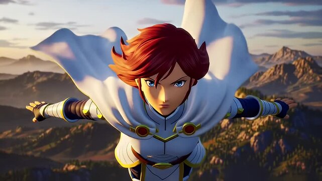 Anime character flying above a mountain range, with a white cape and determined face