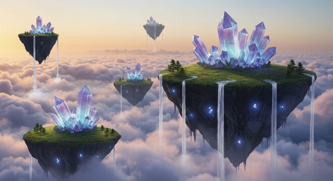 Floating Crystal Islands in a Dreamlike Cloudscape: A Fantasy Artwork