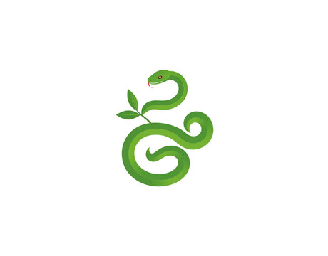 Stylized Green Snake with Red Eye and Tongue Coiled with Leaves.
