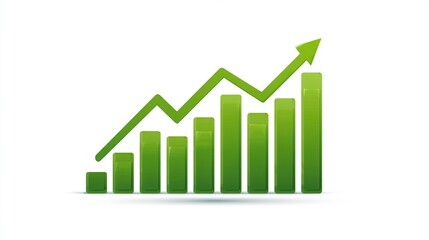 Green bar graph climbs with arrow, showing positive growth on a white background