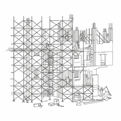Obraz premium Construction workers building a structure, utilizing scaffolding, and working on various levels.