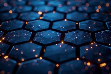Obraz premium Glowing Hexagonal Pattern in Deep Blue with Shimmering Lights and Cosmic Reflections
