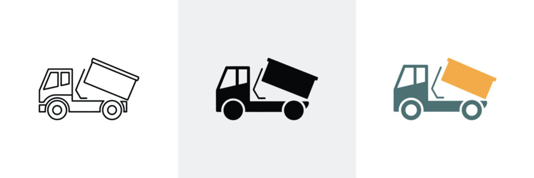 Three dump truck icons display different color schemes on a white background