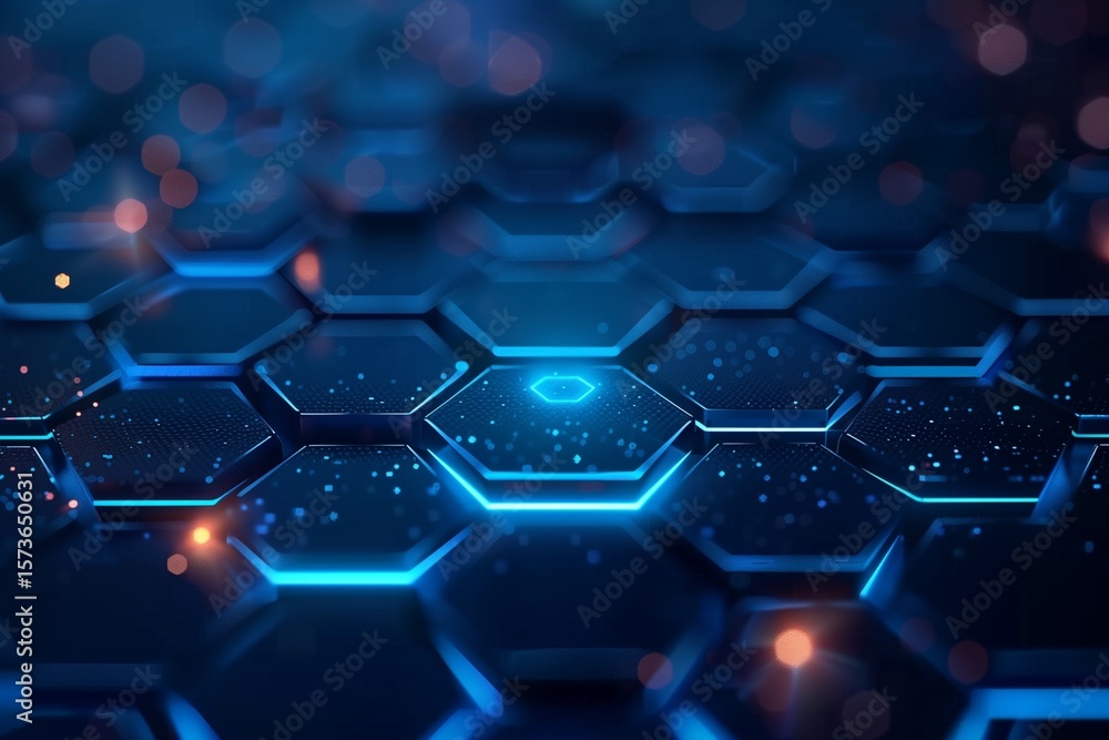 Poster futuristic hexagonal grid glowing in blue with tech-inspired patterns and neon highlights