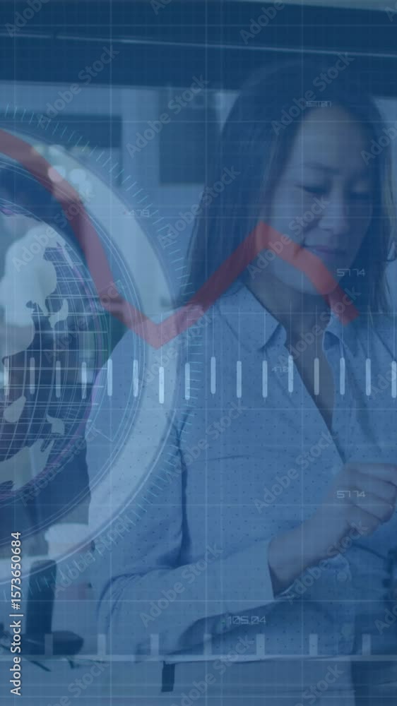 Poster animation of data processing and globe over diverse business people in office