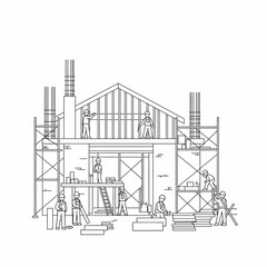 Construction workers building a house, various stages of construction depicted.
