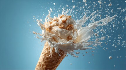 Close-up of an ice cream cone with toppings and milk splashing against a light blue background