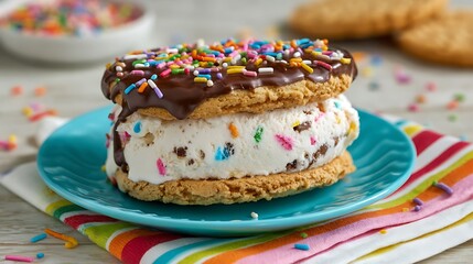 A colorful ice cream sandwich with sprinkles and chocolate on a blue plate, close-up shot on striped fabric