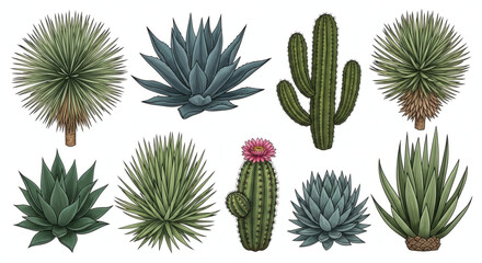 Cactus Collection: A vibrant illustration showcasing an array of different cactus species. with lush details and textures, these resilient plants exude the essence of the desert landscape.