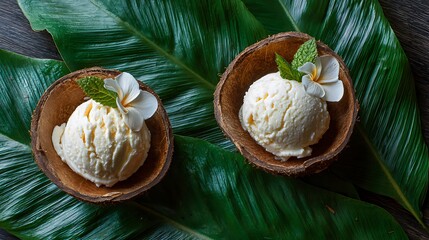 Two scoops of ice cream in coconut shells with flowers and mint leaves on a green leaf background