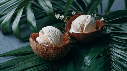 Two scoops of vanilla ice cream served in coconut shells on a tropical leaves background, close-up view