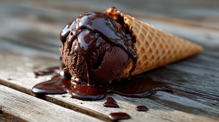 Chocolate ice cream cone melting on a wooden surface with chocolate syrup dripping down fast and messily