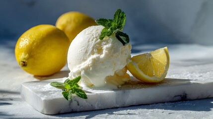 Lemon ice cream scoop with mint sprigs and lemon wedges on a marble board in bright sunlight