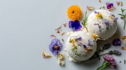 Two scoops of white ice cream decorated with fresh flowers on a white surface