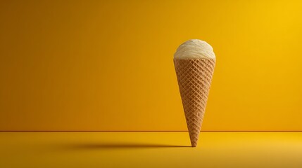 A single vanilla ice cream cone stands on a yellow surface against a yellow background